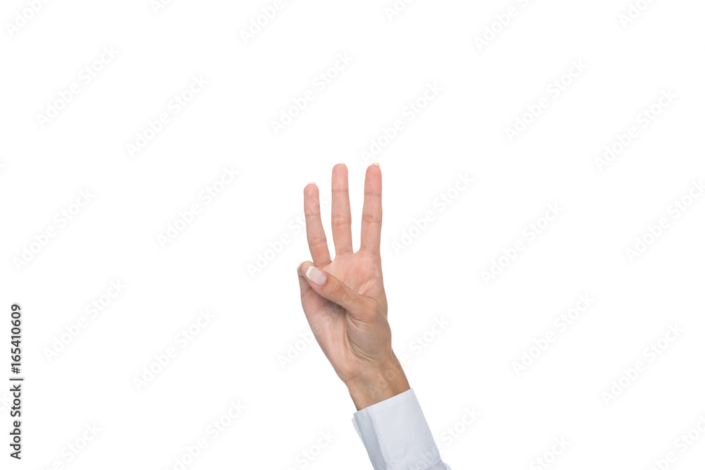 cropped view of person gesturing signed language or showing three sign, isolated on white