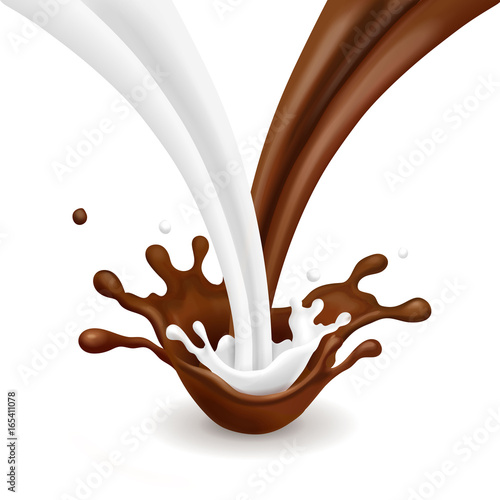 Pouring chocolate milk flow mix Chocolate cocktail splash isolated