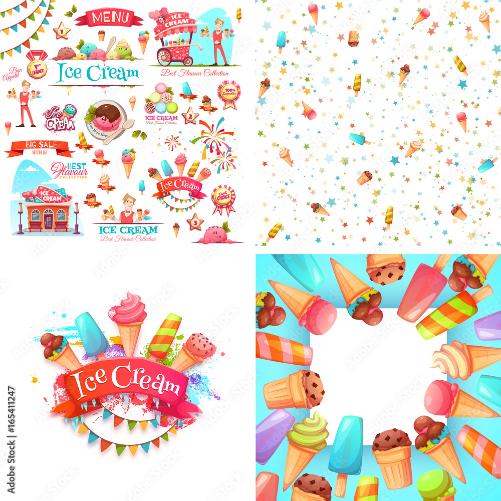 Set of ice cream elements, frame, and pattern isolated on white. 