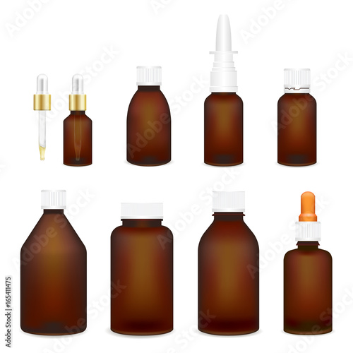 Set for package design. Realistic vector brown mock-up for medicines, cosmetics, tablets, drops, oils and vitamins