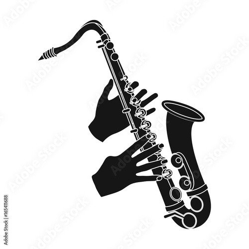The saxophonist plays the saxophone. Golden saxophone single icon in black style vector symbol stock illustration web.