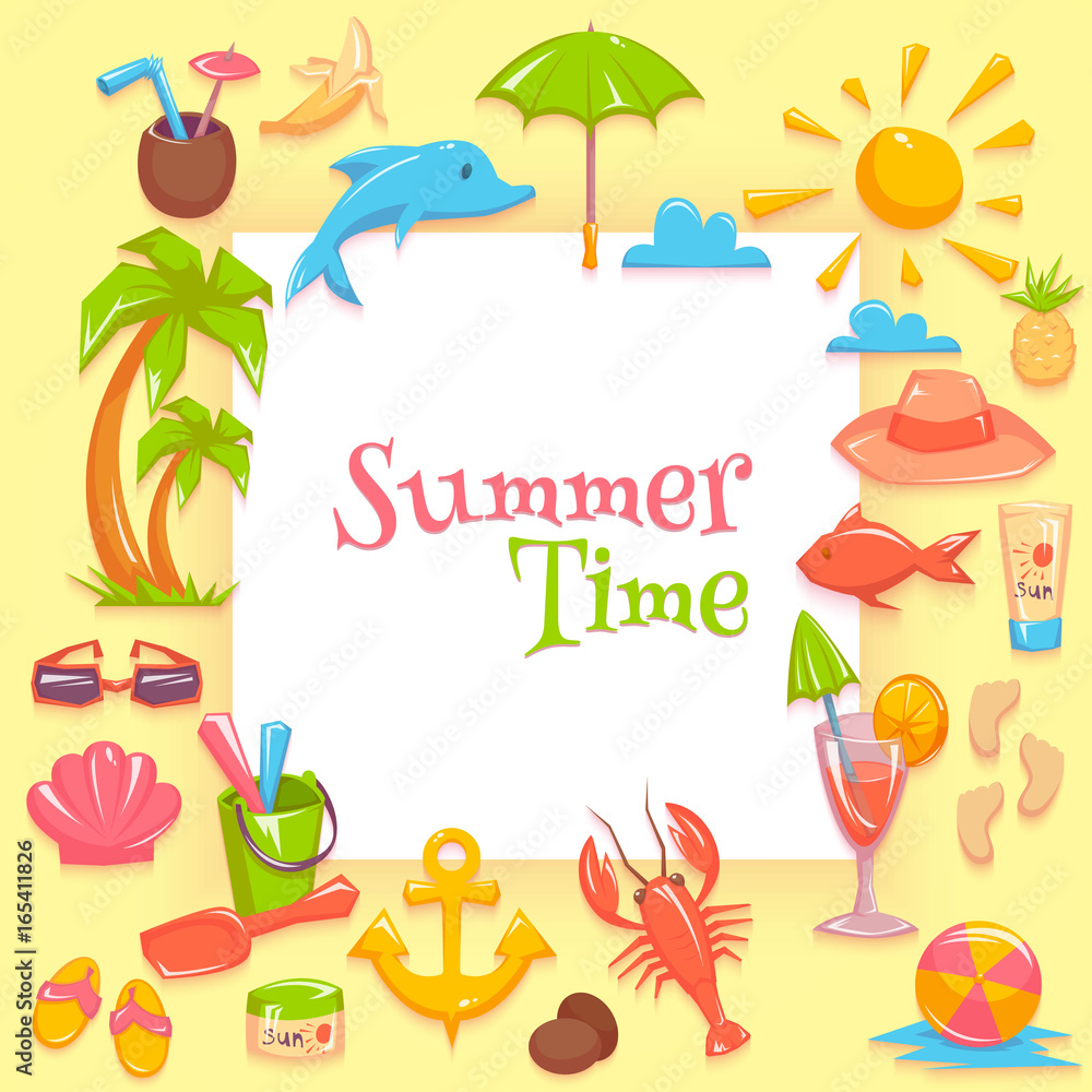 Fototapeta premium Vector illustration of different things for vacations rounding the frame with summer time lettering.