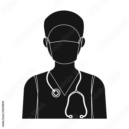 The doctor is wearing a face mask with a phonendoscope. Medicine single icon in black style vector symbol stock illustration web.