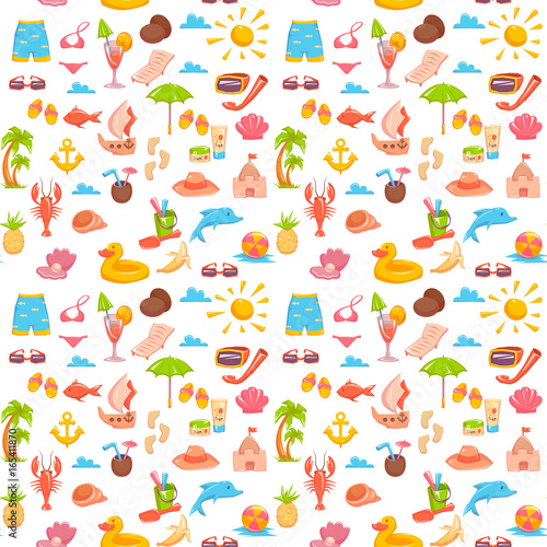 Seamless pattern with different elements dedicated to the sea vacation isolated on white. Vector illustration.