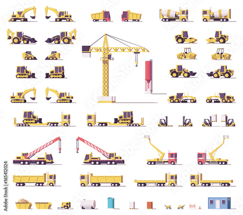 Vector low poly construction machinery