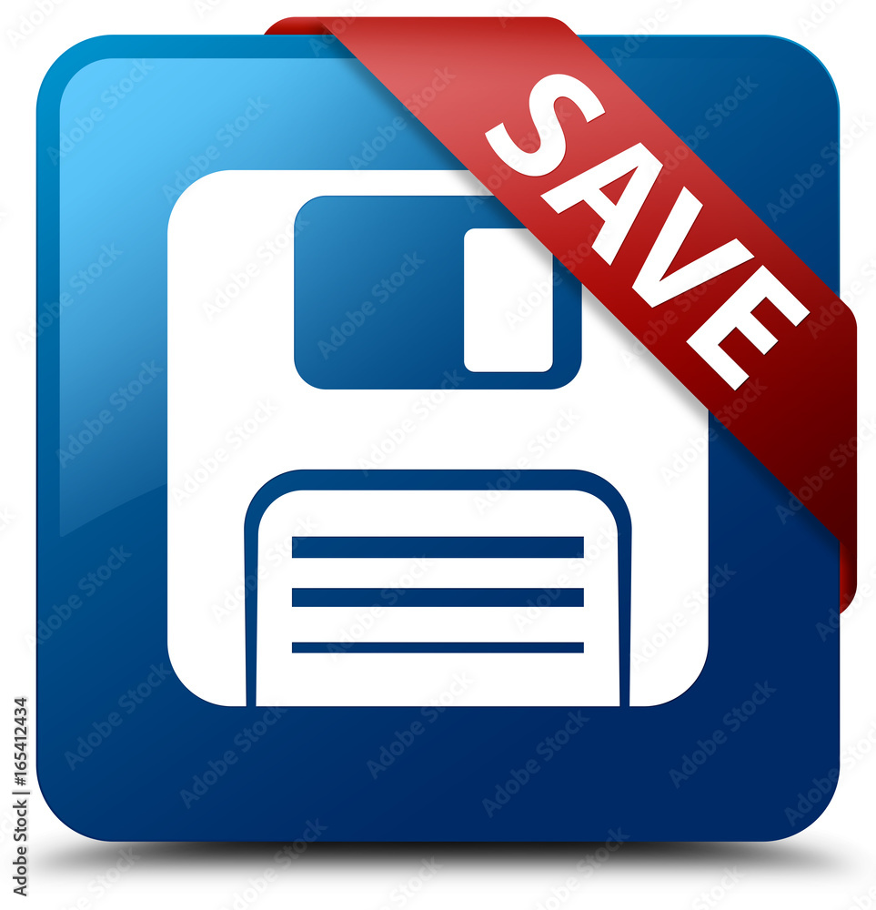 Save (floppy disk icon) blue square button red ribbon in corner