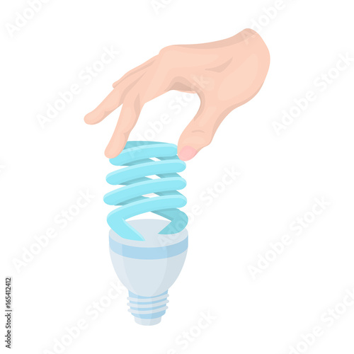 Fluorescent, saving light bulb in hand. Electric lamp single icon in cartoon style vector symbol stock illustration web.