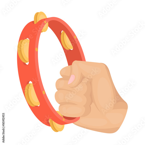 A tambourine that produces a melodic sound. Tambourine in his hand single icon in cartoon style vector symbol stock illustration web.