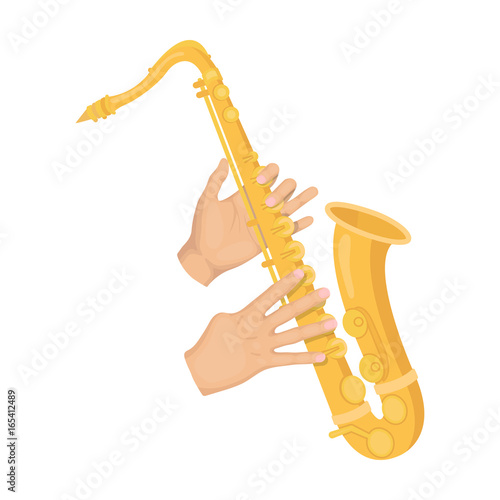 The saxophonist plays the saxophone. Golden saxophone single icon in cartoon style vector symbol stock illustration web.