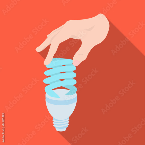 Fluorescent, saving light bulb in hand. Electric lamp single icon in flat style vector symbol stock illustration web.