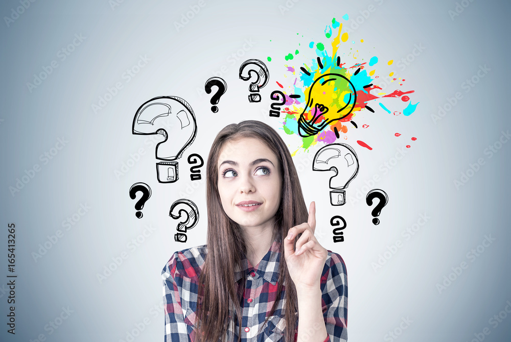 Creative girl with a thumb up, questions, idea Creative girl with a thumb up, questions, idea