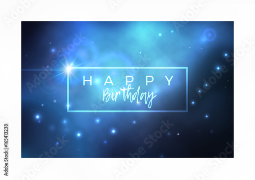 Vector space postcard design with bright blue nebula and white stars.