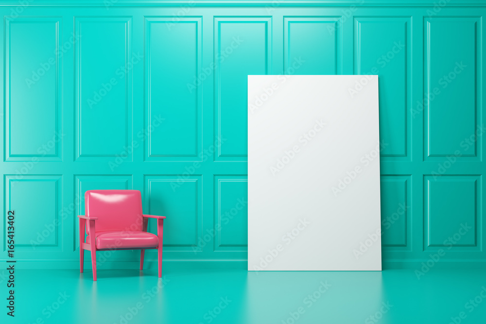 Green room, pink armchair, poster