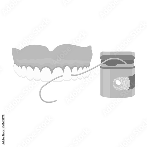 Cleaning the teeth with a Silk dental floss. Stomatology single icon in monochrome style vector symbol stock illustration web.