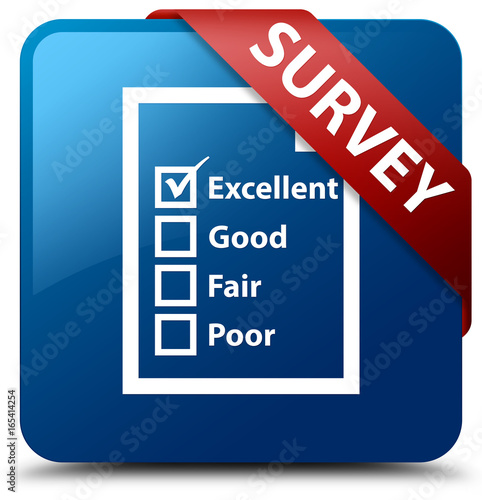 Survey (questionnaire icon) blue square button red ribbon in corner