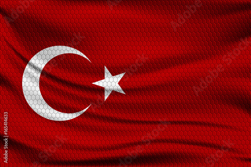 National flag of Turkey on wavy fabric with a volumetric pattern of hexagons. Vector illustration.