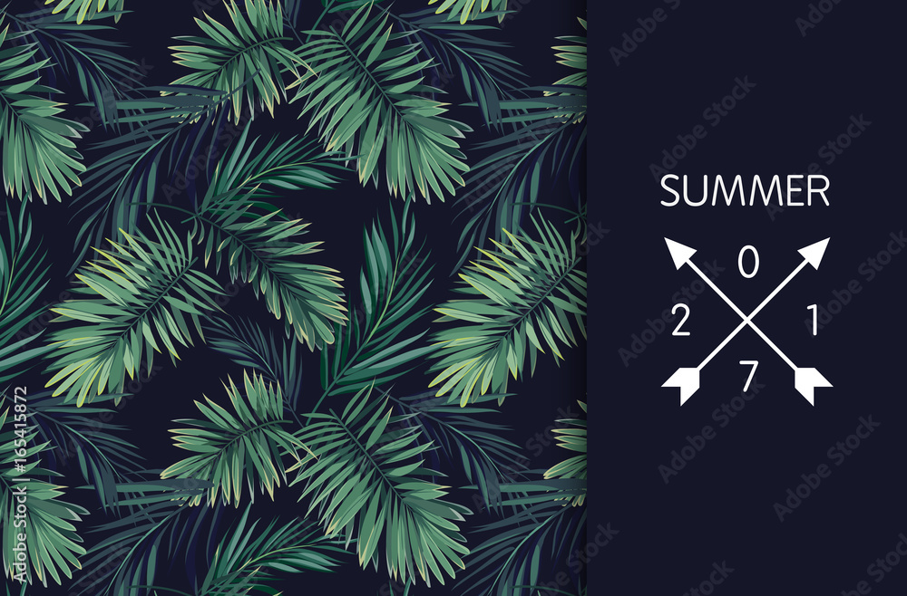 Obraz premium Summer tropical vector design for banner or flyer with dark green palm leaves and space for text.