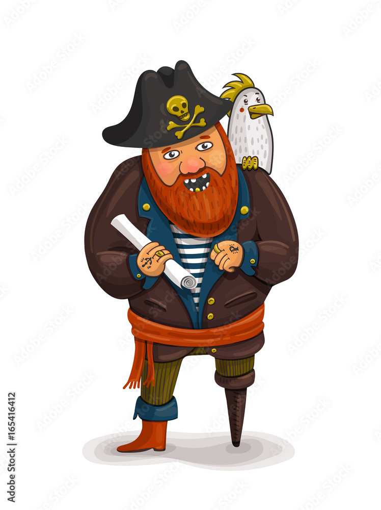 An illustration of a friendly cartoon pirate holding a treasure map. A cartoon pirate with a parrot on his shoulder. Pirate Red beard. One-legged pirate. An illustration of a friendly cartoon pirate holding a treasure map. A cartoon pirate with a parrot on his shoulder. Pirate Red beard. One-legged pirate.