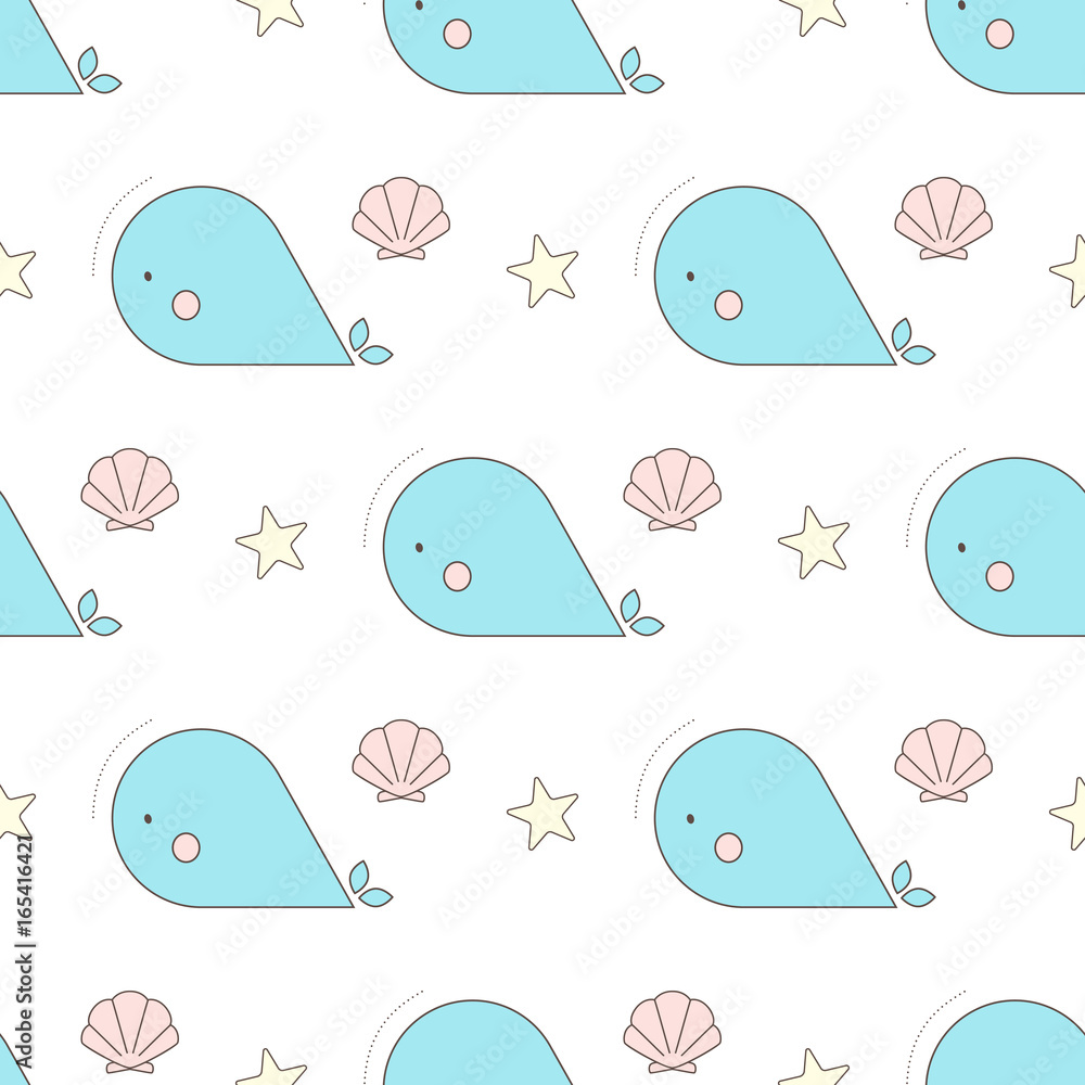 Cute seamless vector pattern with whales and seashells