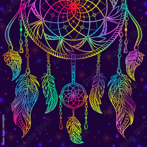 Colorful dream catcher with ornament and night sky with stars. Design concept for banner, card, t-shirt, print, poster. Vintage hand drawn vector illustration