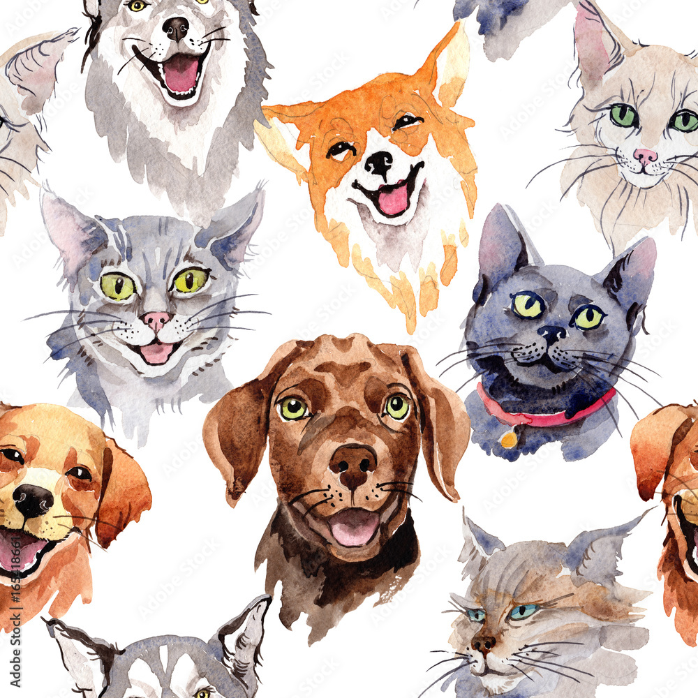 Exotic cat and dog wild animal pattern in a watercolor style. Full name of  the animal: cat and dog. Aquarelle wild animal for background, texture,  wrapper pattern or tattoo. Stock Illustration |