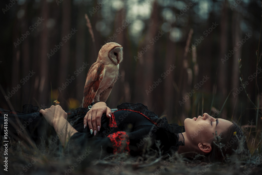 Obraz premium Girl lies with owl on grass in forest.