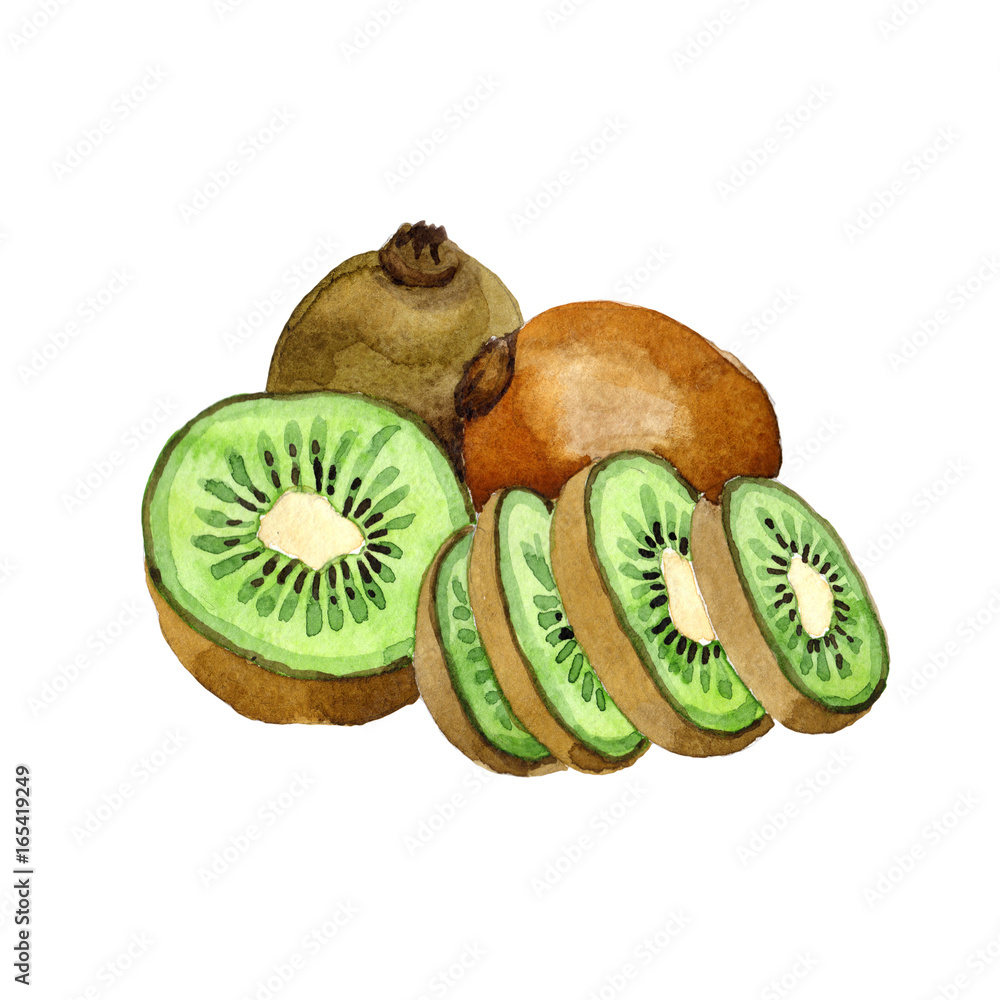 Obraz premium Exotic kiwi healthy food in a watercolor style isolated. Full name of the fruit: kiwi. Aquarelle wild frukt for background, texture, wrapper pattern or menu.