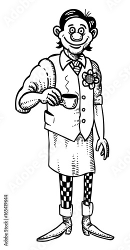 Cartoon image of barista serving coffee. An artistic freehand picture.