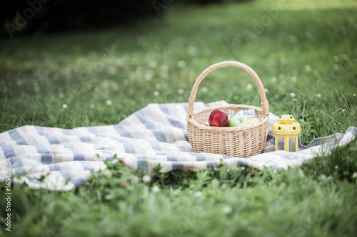 Basket with apples on the grass. Picnic. Summer. Fruits. Nature.