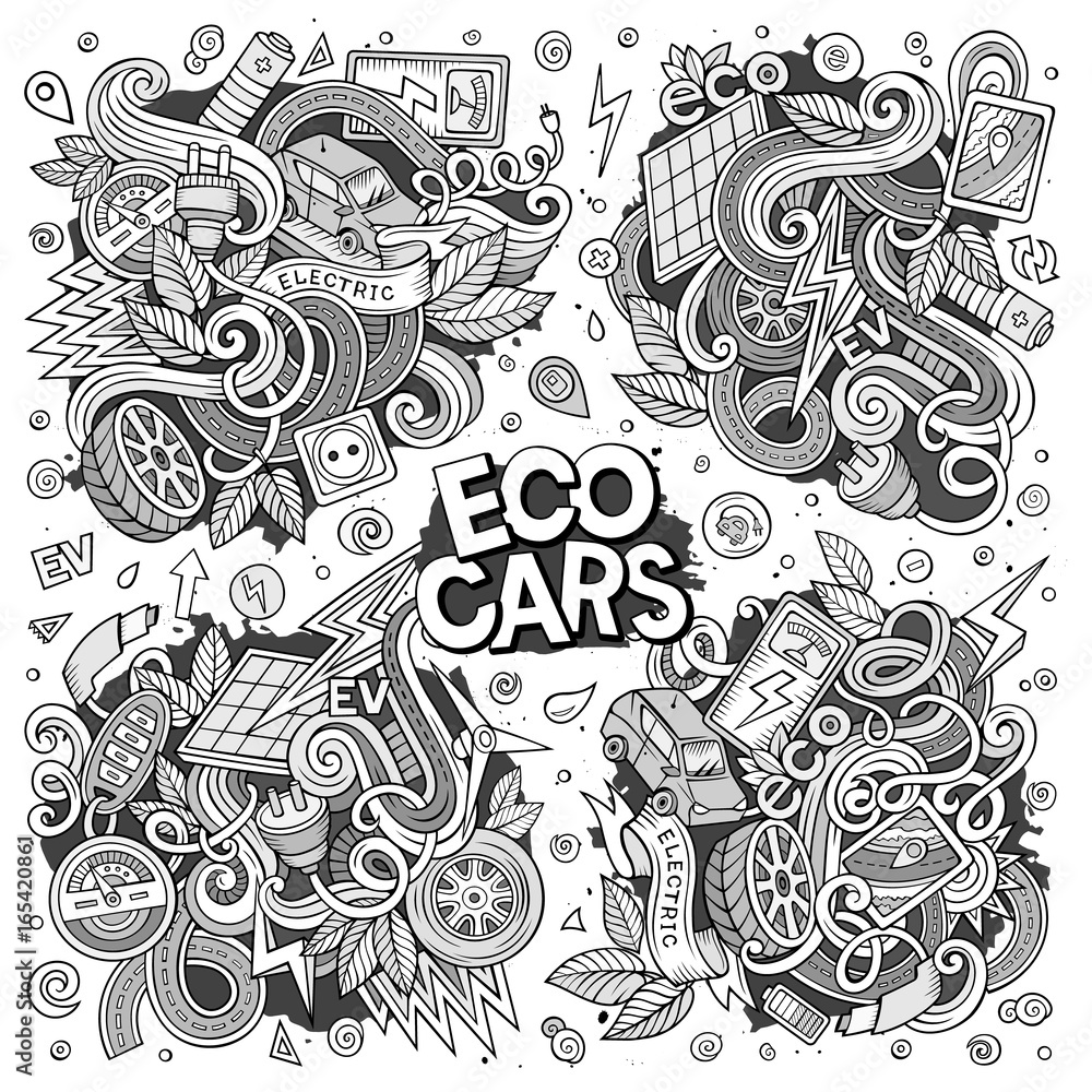 Line art vector doodle cartoon set of Electric cars objects