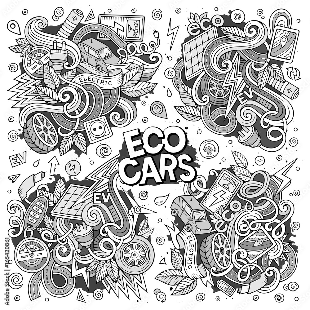 Line art vector doodle cartoon set of Electric cars objects Line art vector doodle cartoon set of Electric cars objects