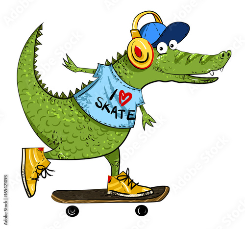 Cartoon image of amazing skateboarding alligator. An artistic freehand picture.