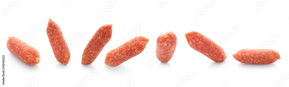 Collage of tasty sausages on white background Collage of tasty sausages on white background