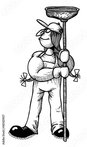 Cartoon image of female plumber. An artistic freehand picture.