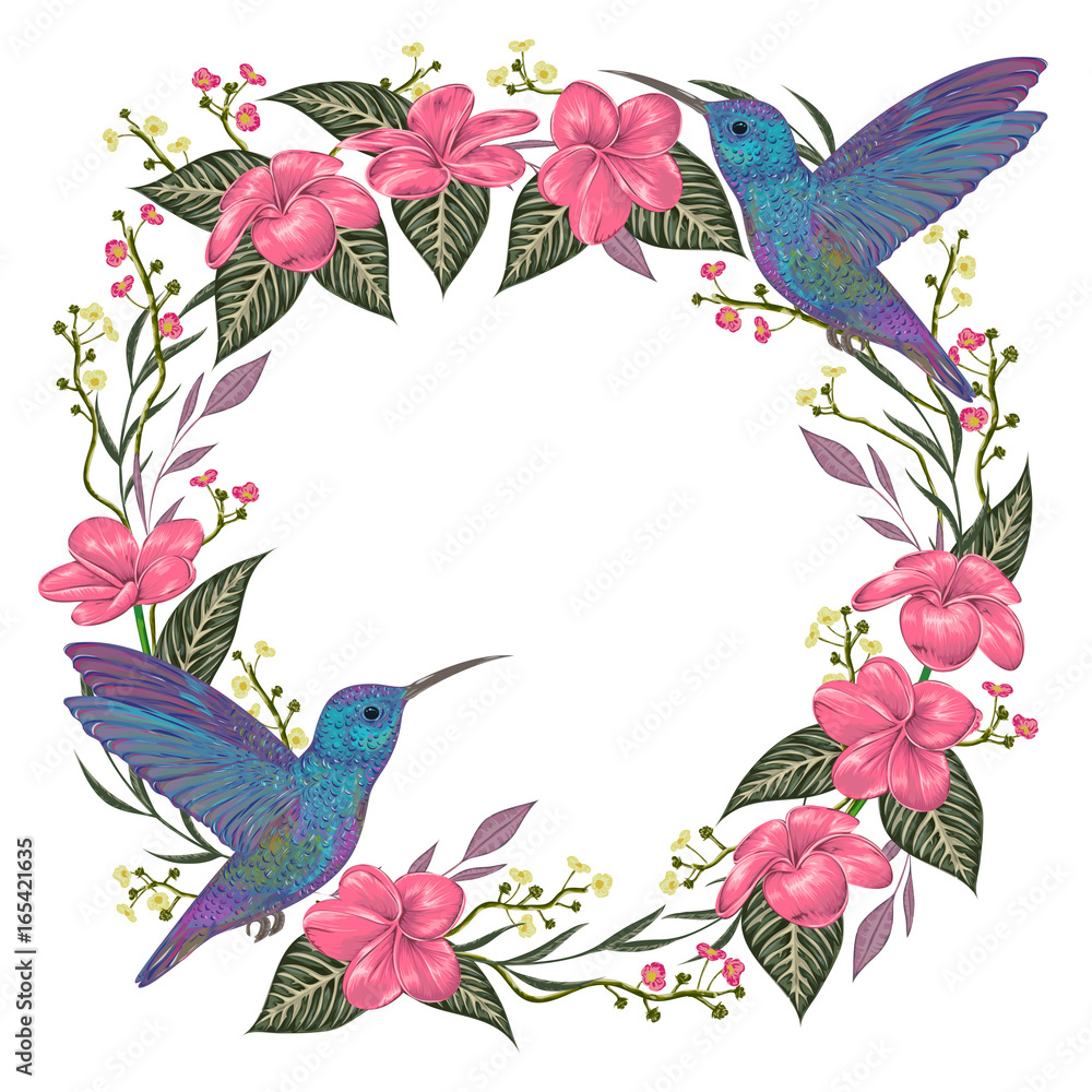 Wreath with hummingbird, tropical flowers and leaves. Exotic flora and fauna. Vintage hand drawn vector illustration in watercolor style