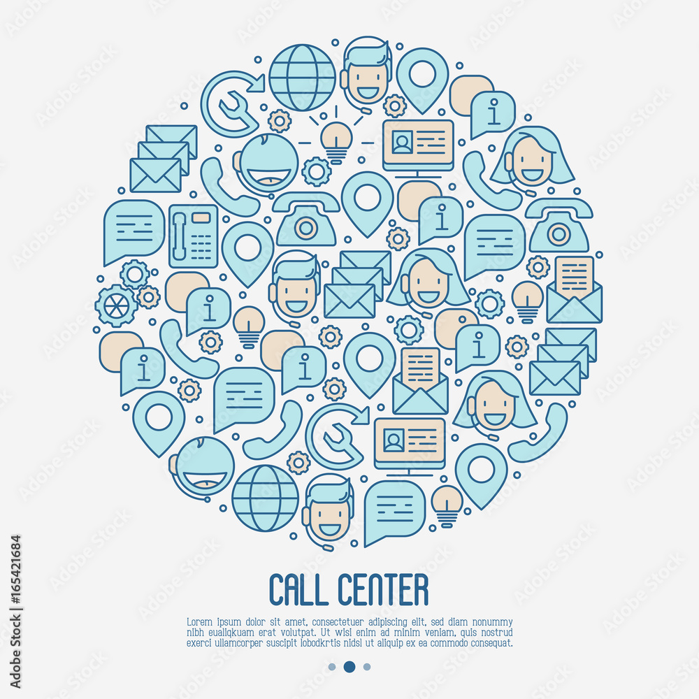 Support service concept in circle with thin line call center or customer service icons. Vector illustration for banner, web page of call center.