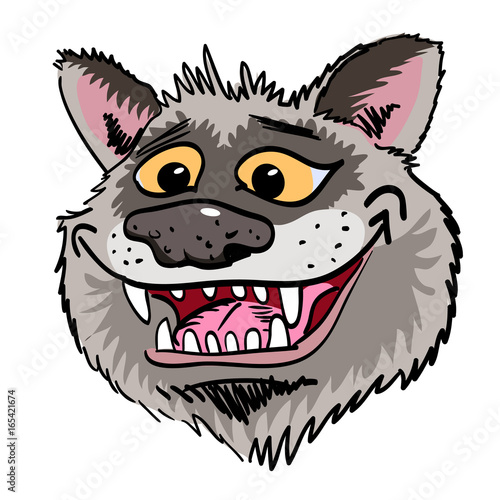 Cartoon image of grinning wolf face. An artistic freehand picture. © lkeskinen