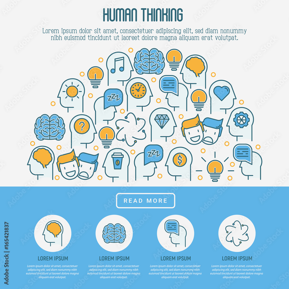 Human thinking concept with thin line icons of head silhouette. Vector illustration for survey about human brain, web page of psychologist, print media. Human thinking concept with thin line icons of head silhouette. Vector illustration for survey about human brain, web page of psychologist, print media.