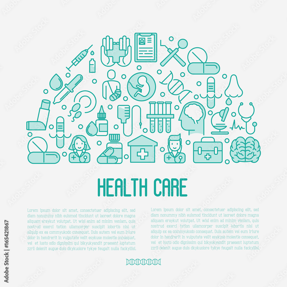 Health care concept with thin line icons related to hospital, clinic, laboratory. Vector illustration for conclusion, banner, web page. Health care concept with thin line icons related to hospital, clinic, laboratory. Vector illustration for conclusion, banner, web page.
