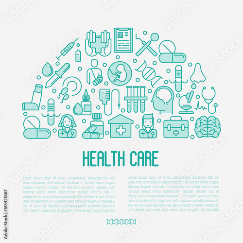 Health care concept with thin line icons related to hospital, clinic, laboratory. Vector illustration for conclusion, banner, web page.