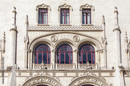 LISBON, PORTUGAL, on June 22, 2017. The skillful sculptural decor decorates a facade of one of the oldest railway stations of Rossio 
