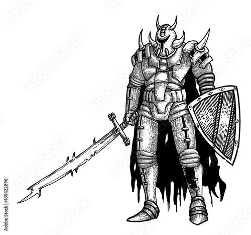Cartoon image of warrior with sword. An artistic freehand picture.