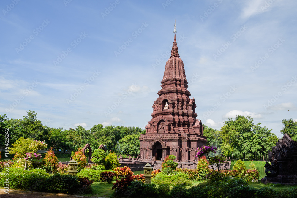 Archaeological site in Thailand with blue sky and clouds