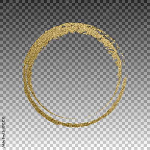 Round grunge golden frame on checkered background. Circle luxury vintage border, Label, logo design element. Hand drawn shape vector Illustration. Gold Brush abstract wave.