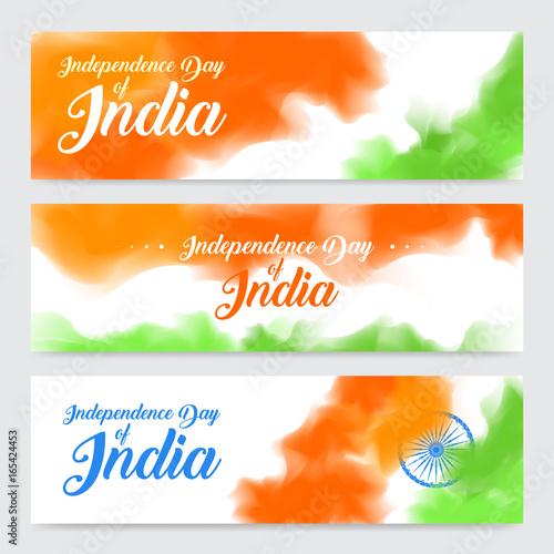 illustration of set of banner and header for colorful India. Indian Independence Day concept background with Ashoka wheel. Illustration. photo