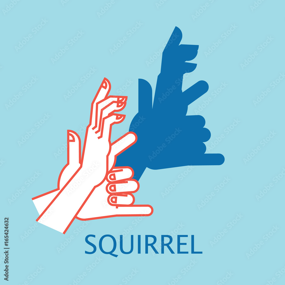 Fototapeta premium Shadow Theater. Hands gesture like Squirrel. Vector illustration of Shadow Hand Puppet.