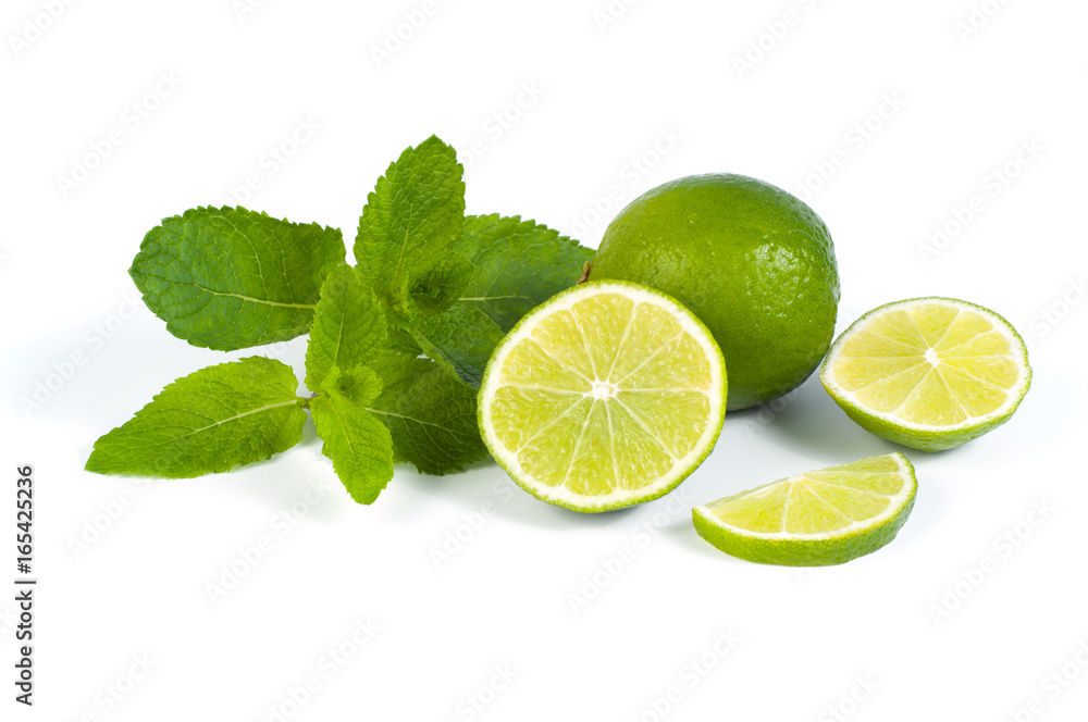 Sliced lime and mint on a white background Sliced lime and mint on a white background