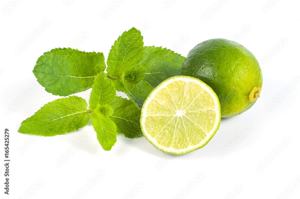 Sliced lime and mint on a white background Sliced lime and mint on a white background