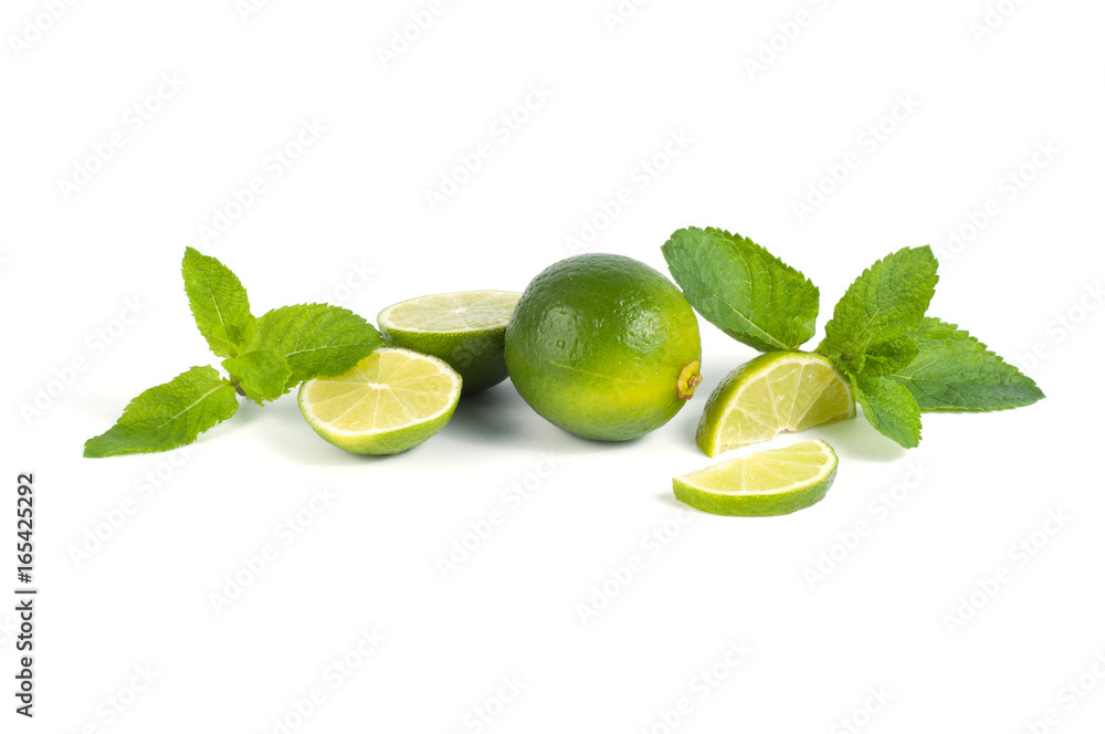 Sliced lime and mint on a white background Sliced lime and mint on a white background