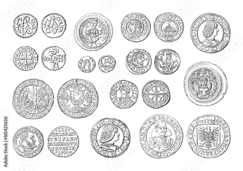 Old coins collection (500-1700) - vintage illustration